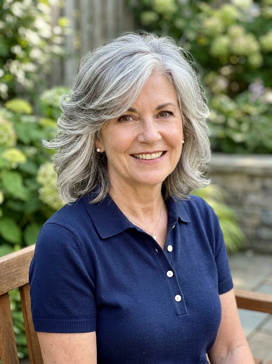 Gray Blend Feathered Haircut - 20 dimensional gray blend for mature women - 20 dimensional gray blend for mature women