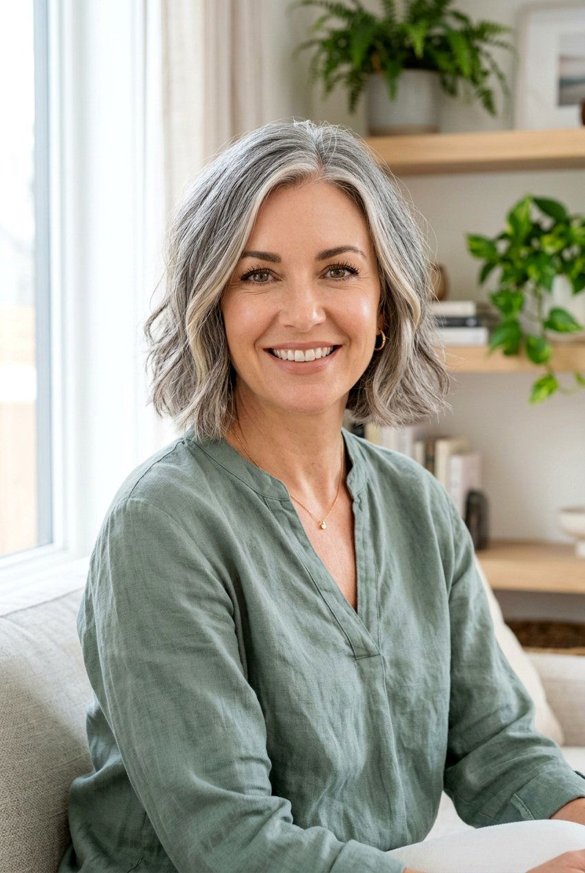 Gray Bob with Face Framing Highlights - 20 mom low maintenance gray bob - 20 mom low maintenance gray bob