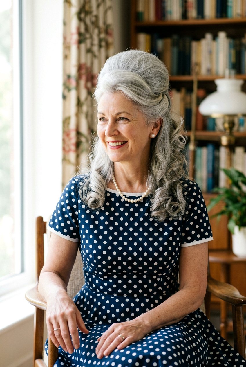 Gray Bouffant Half Up - 20 naturally gray wedding guest hairstyle - 20 naturally gray wedding guest hairstyle
