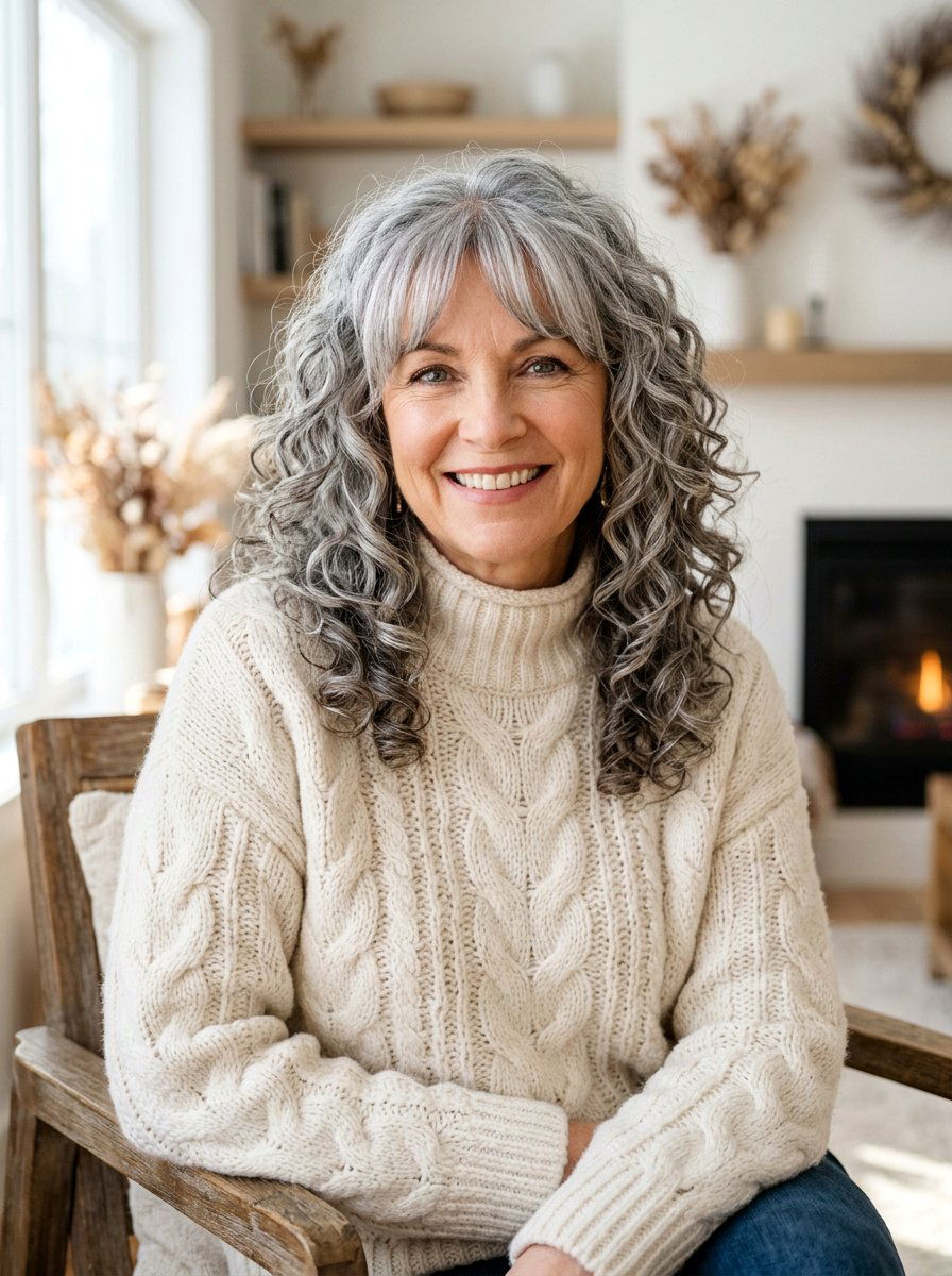 Gray Curls With Curtain Bangs - 20 shoulder length gray curls for older women - 20 shoulder length gray curls for older women