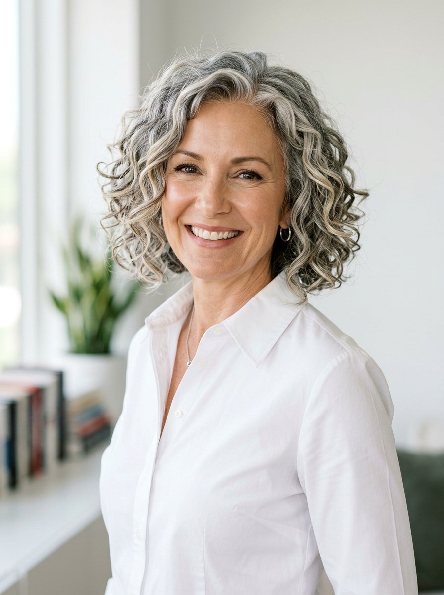 Gray Curly Bob With Highlights - 20 shoulder length gray curls for older women - 20 shoulder length gray curls for older women