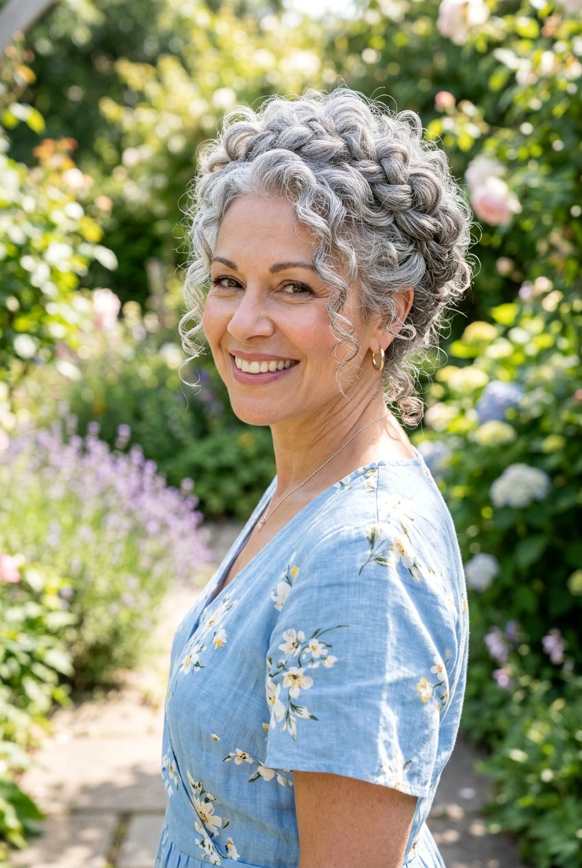 Gray Curly Updo - 20 naturally gray wedding guest hairstyle - 20 naturally gray wedding guest hairstyle