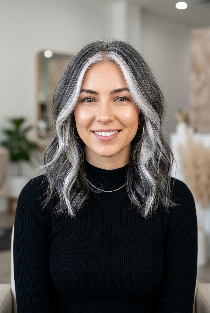 Gray Face Framing Highlights - 20 transition to gray hair styles - 20 transition to gray hair styles