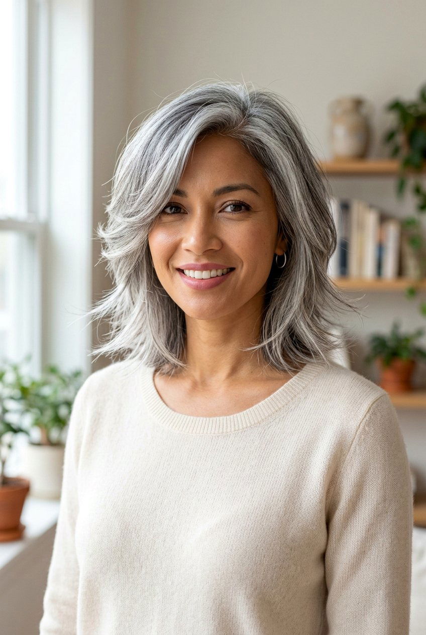 Gray Feathered Mid Length Cut - 20 gentle layers for naturally gray hair - 20 gentle layers for naturally gray hair