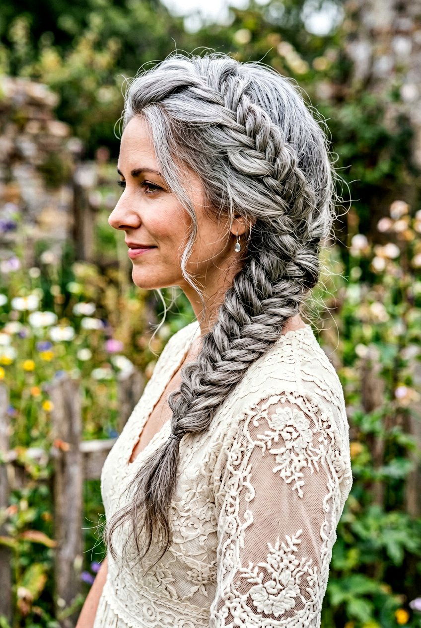 Gray Fishtail Braid - 20 naturally gray wedding guest hairstyle - 20 naturally gray wedding guest hairstyle
