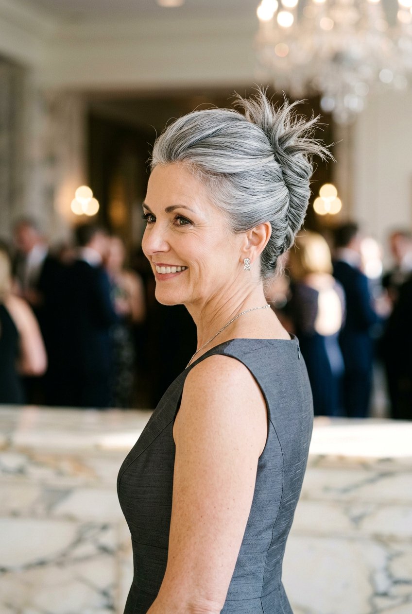 Gray French Twist - 20 naturally gray wedding guest hairstyle - 20 naturally gray wedding guest hairstyle