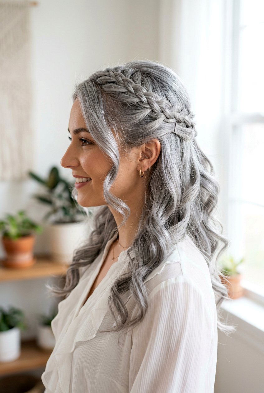 Gray Half Up Half Down - 20 naturally gray wedding guest hairstyle - 20 naturally gray wedding guest hairstyle