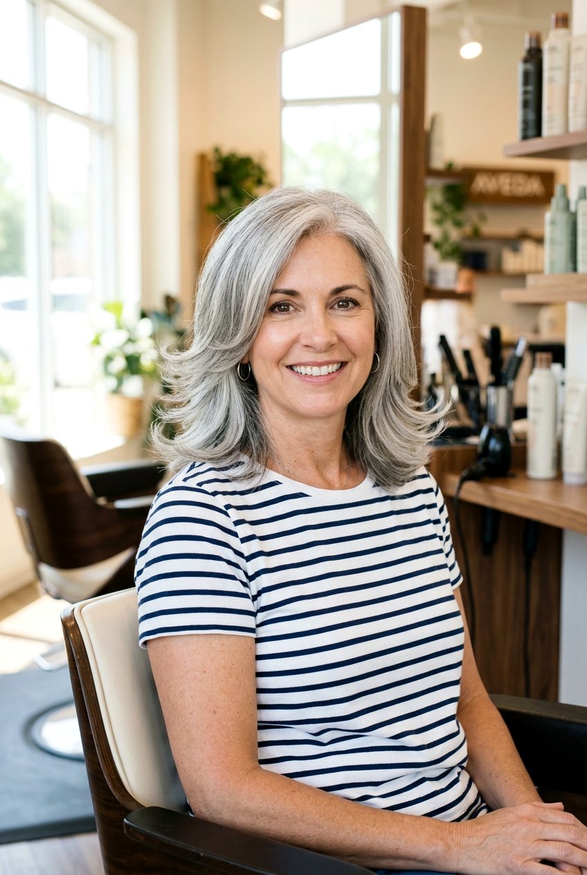 Gray Layered Cut With Flicked Ends - 20 gentle layers for naturally gray hair - 20 gentle layers for naturally gray hair