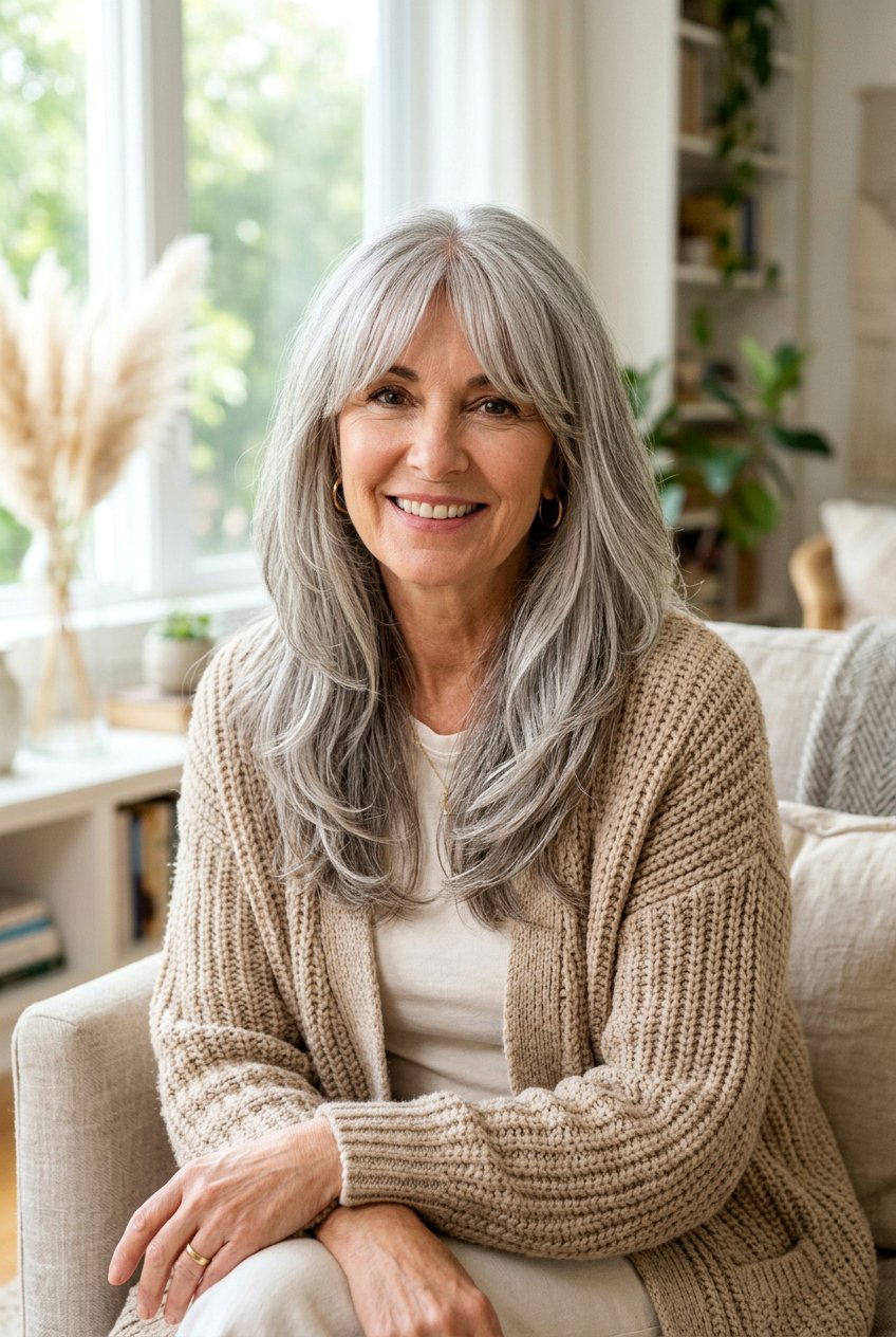 Gray Layered Hair With Curtain Bangs - 20 gentle layers for naturally gray hair - 20 gentle layers for naturally gray hair