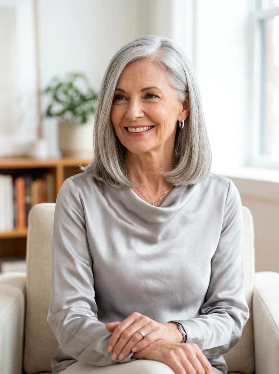 Gray Lob With Side Part - 20 youthful gray hairstyles for older women - 20 youthful gray hairstyles for older women