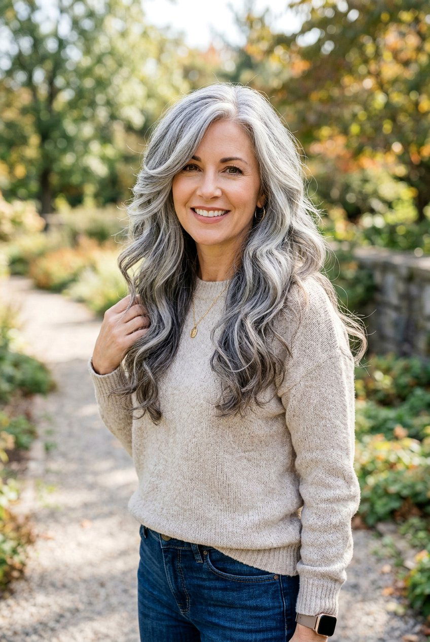 Gray Long Layered Waves - 20 naturally gray wedding guest hairstyle - 20 naturally gray wedding guest hairstyle
