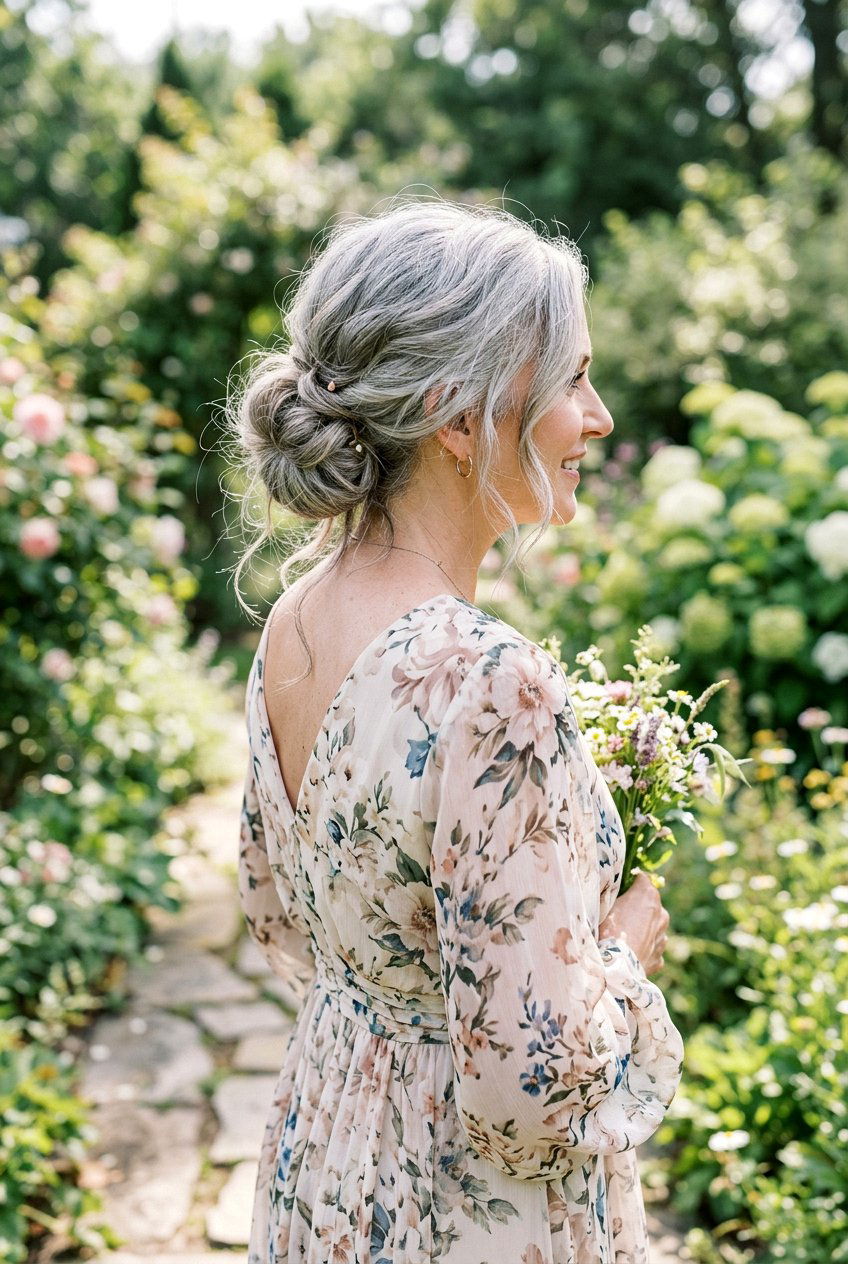Gray Low Bun - 20 naturally gray wedding guest hairstyle - 20 naturally gray wedding guest hairstyle