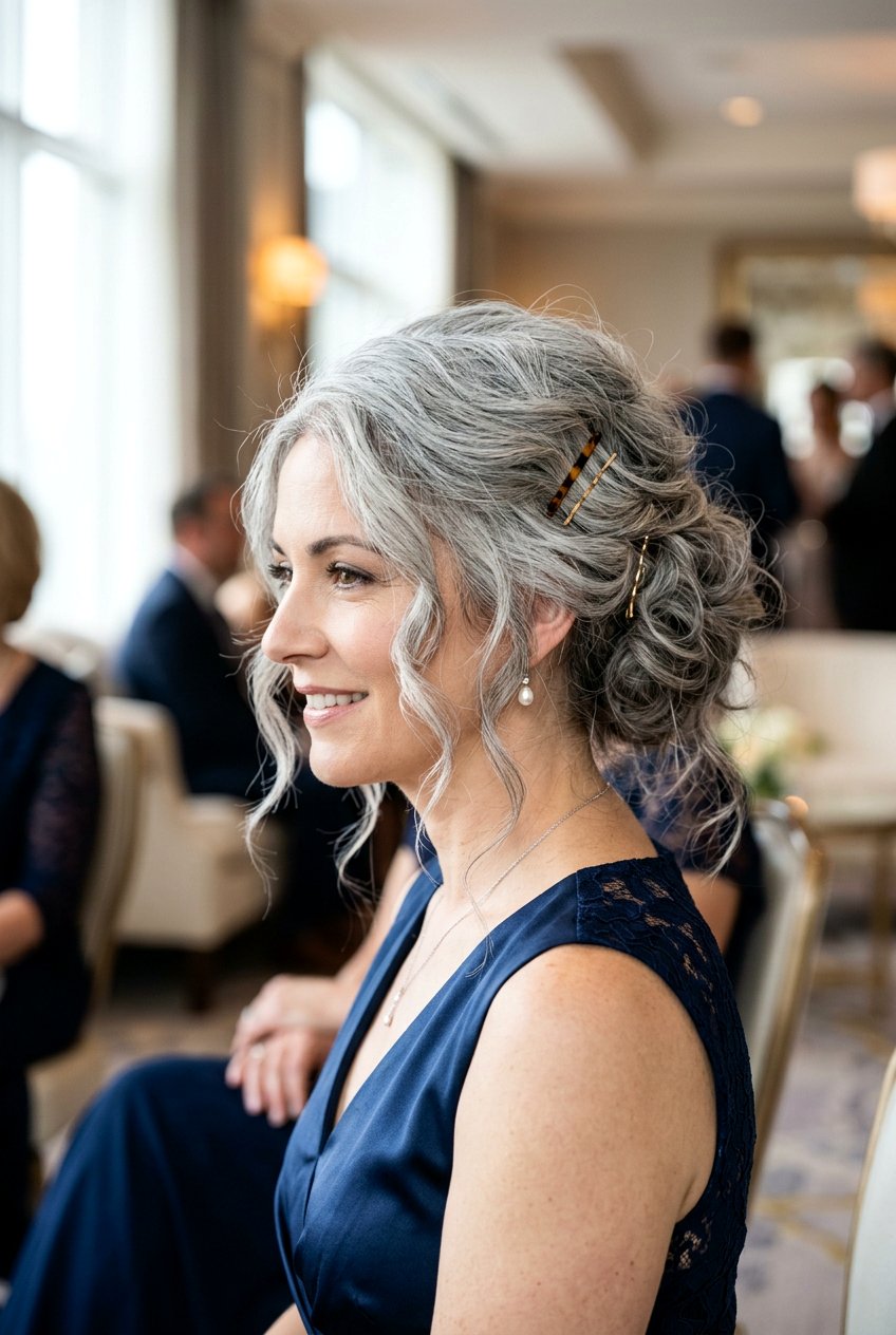 Gray Messy Updo - 20 naturally gray wedding guest hairstyle - 20 naturally gray wedding guest hairstyle