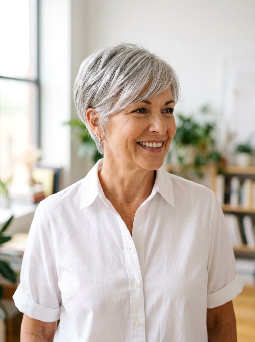 Gray Pixie With Feathered Fringe - 20 soft feathered pixie for older women - 20 soft feathered pixie for older women