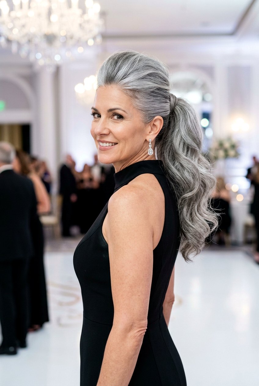 Gray Ponytail With Volume - 20 naturally gray wedding guest hairstyle - 20 naturally gray wedding guest hairstyle