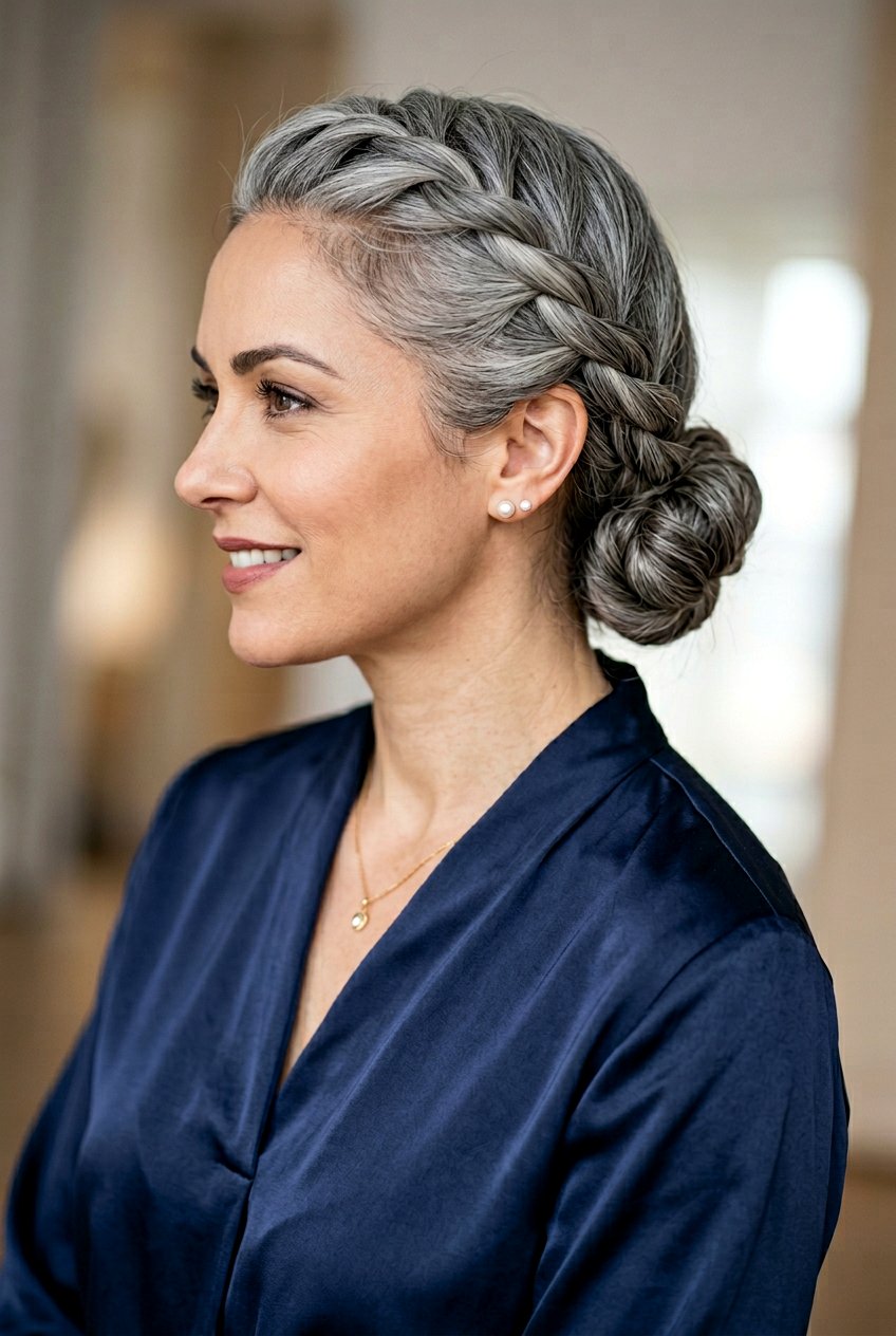 Gray Rope Braid Updo - 20 naturally gray wedding guest hairstyle - 20 naturally gray wedding guest hairstyle