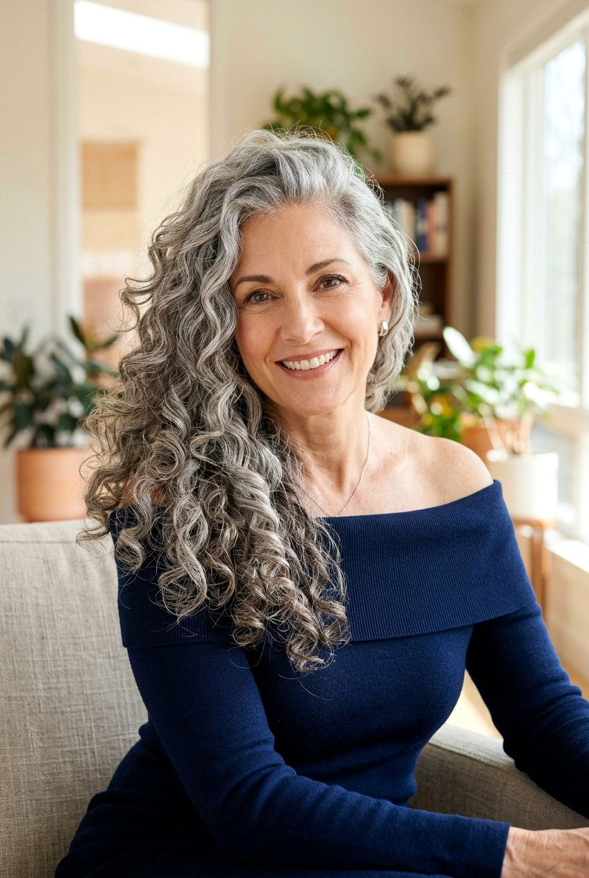 Gray Side Swept Curls - 20 naturally gray wedding guest hairstyle - 20 naturally gray wedding guest hairstyle