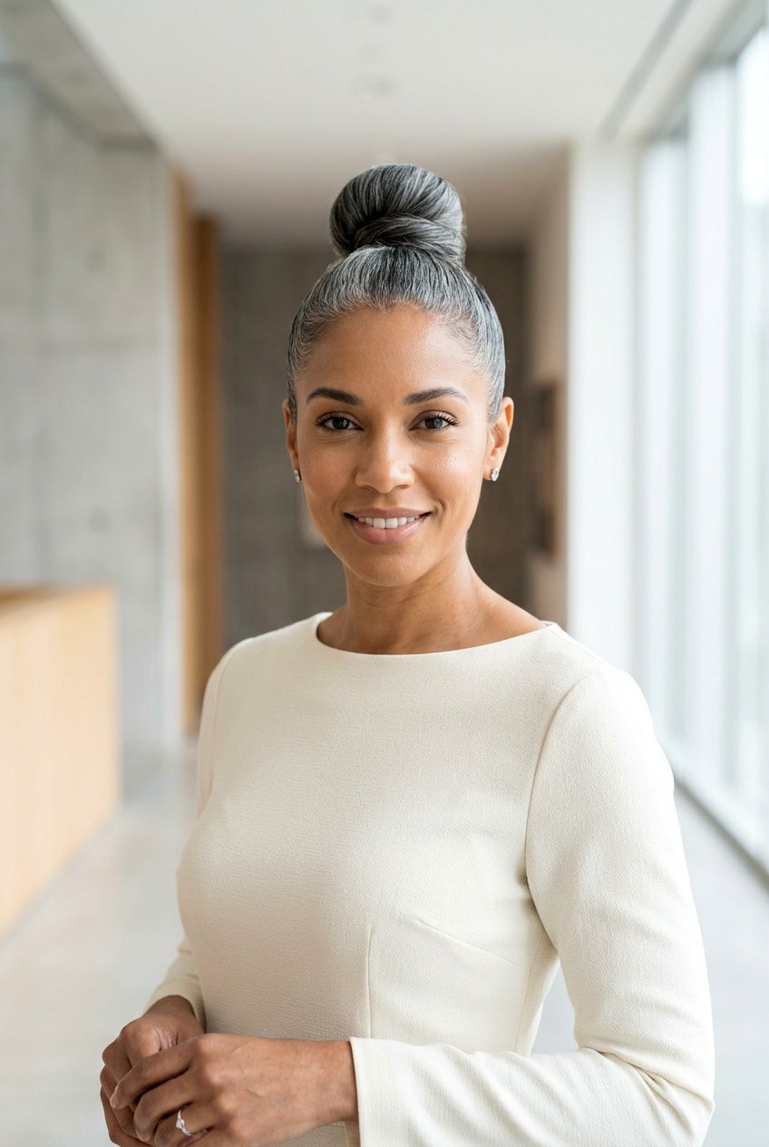 Gray Sleek Top Knot - 20 naturally gray wedding guest hairstyle - 20 naturally gray wedding guest hairstyle