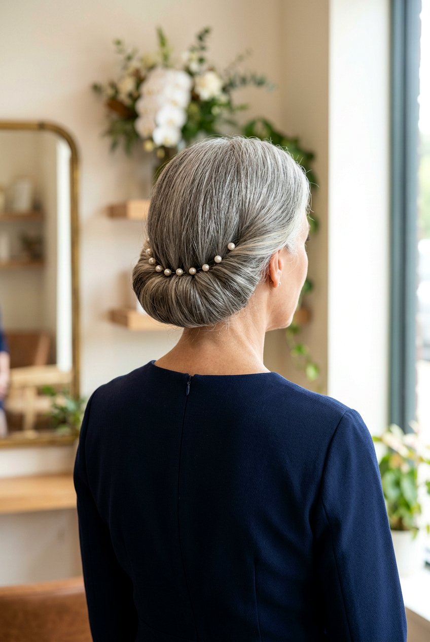 Gray Tucked And Pinned Roll - 20 naturally gray wedding guest hairstyle - 20 naturally gray wedding guest hairstyle