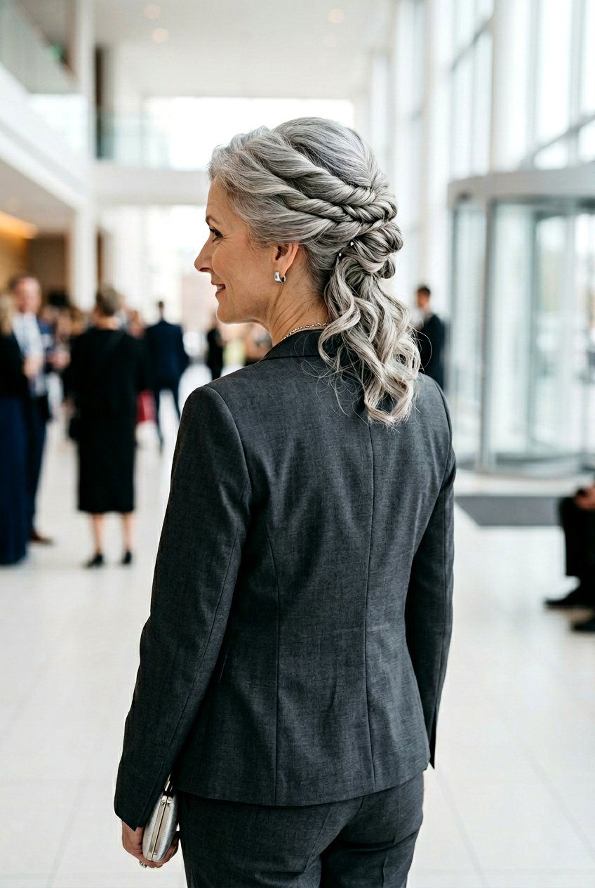 Gray Twisted Updo - 20 naturally gray wedding guest hairstyle - 20 naturally gray wedding guest hairstyle