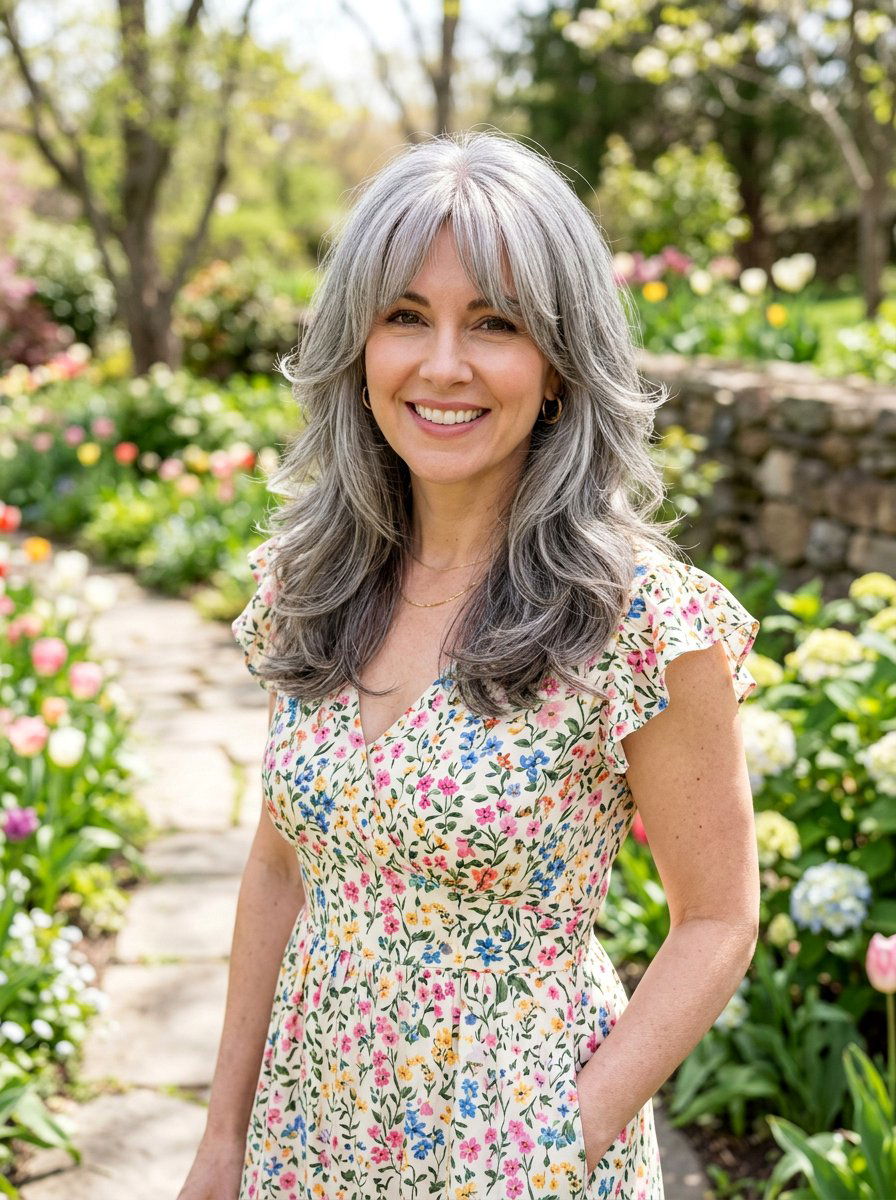 Gray layered hair with curtain bangs - 20 shoulder length gray layered haircut - 20 shoulder length gray layered haircut