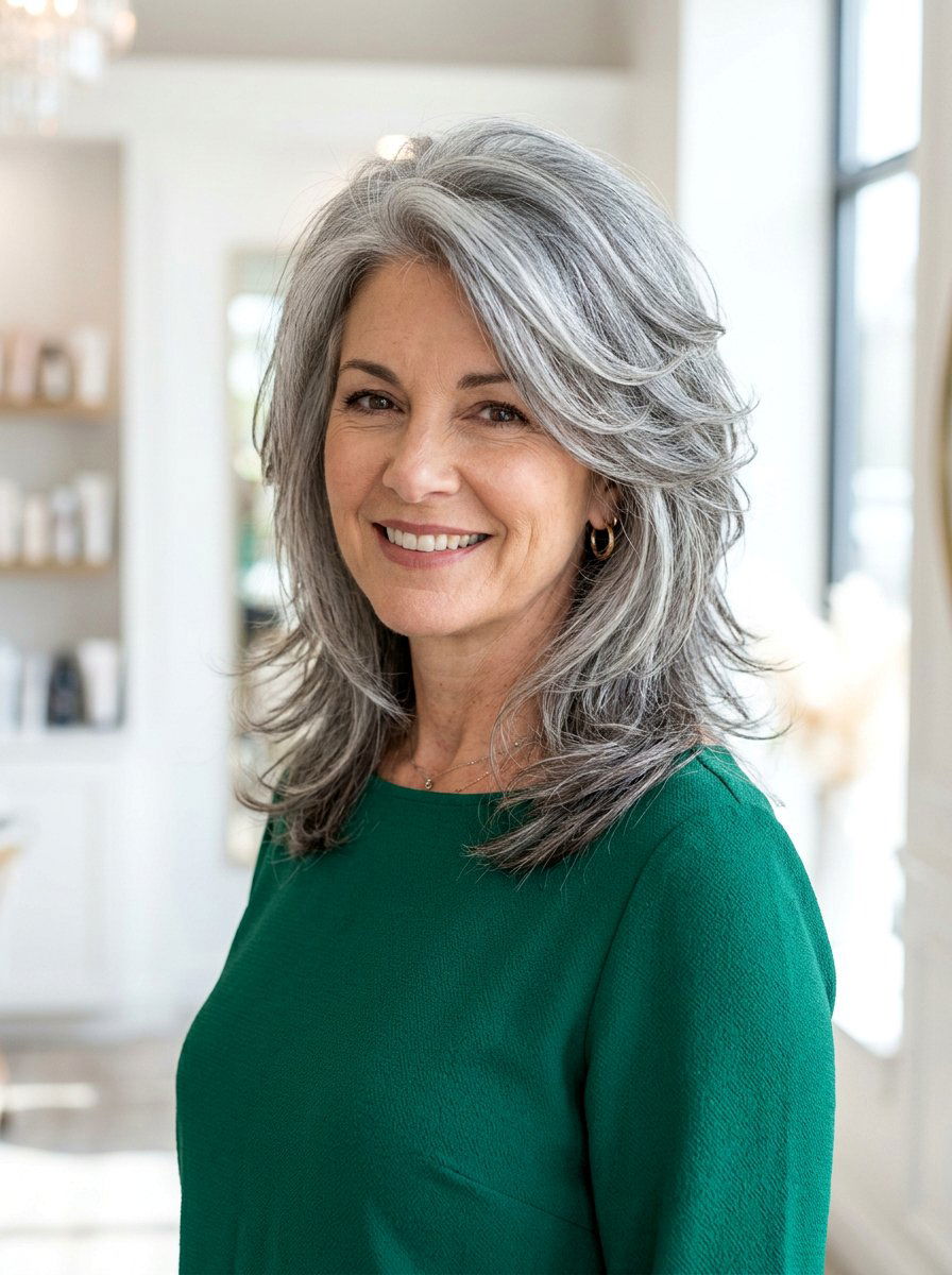 Gray layers for thin hair - 20 shoulder length gray layered haircut - 20 shoulder length gray layered haircut
