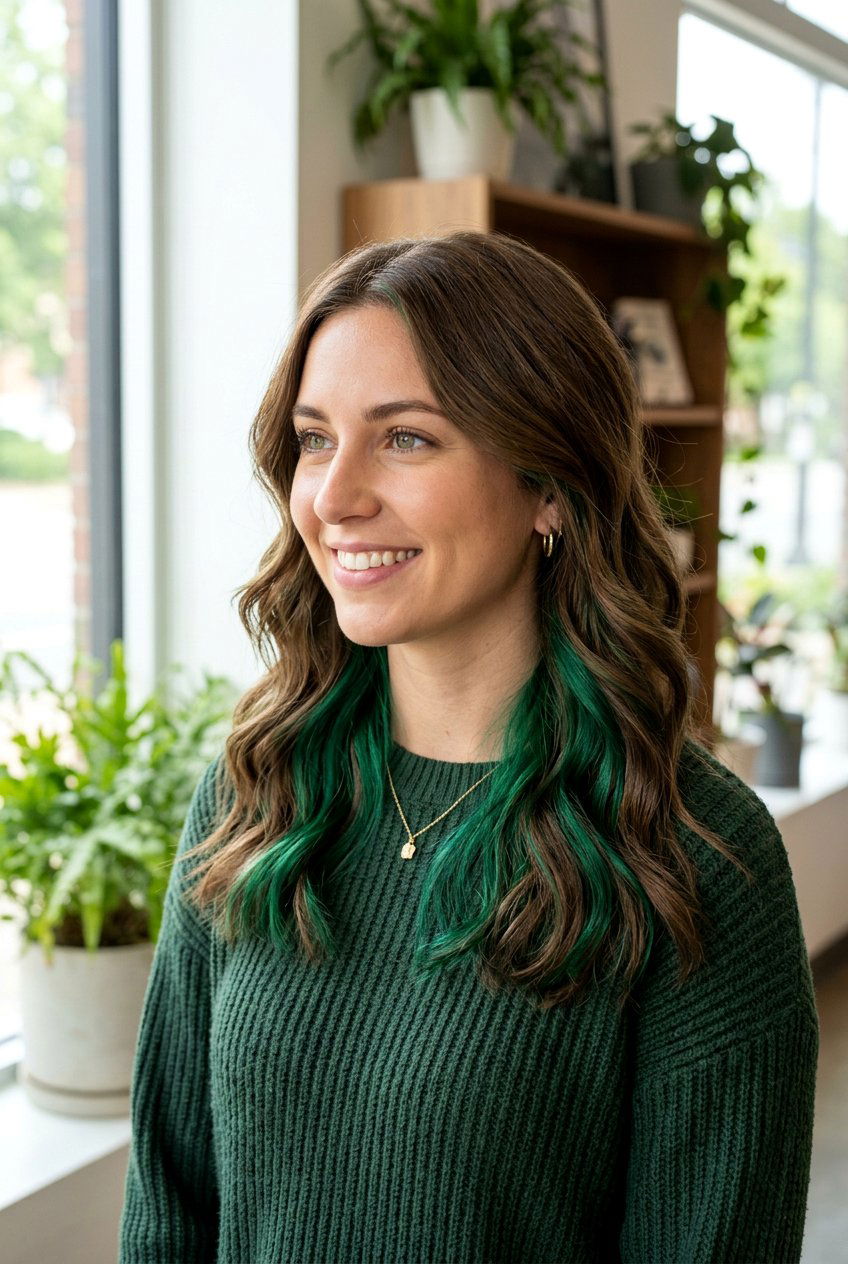 Green Peekaboo On Brown Hair - 20 bold peekaboo underlayer color - 20 bold peekaboo underlayer color