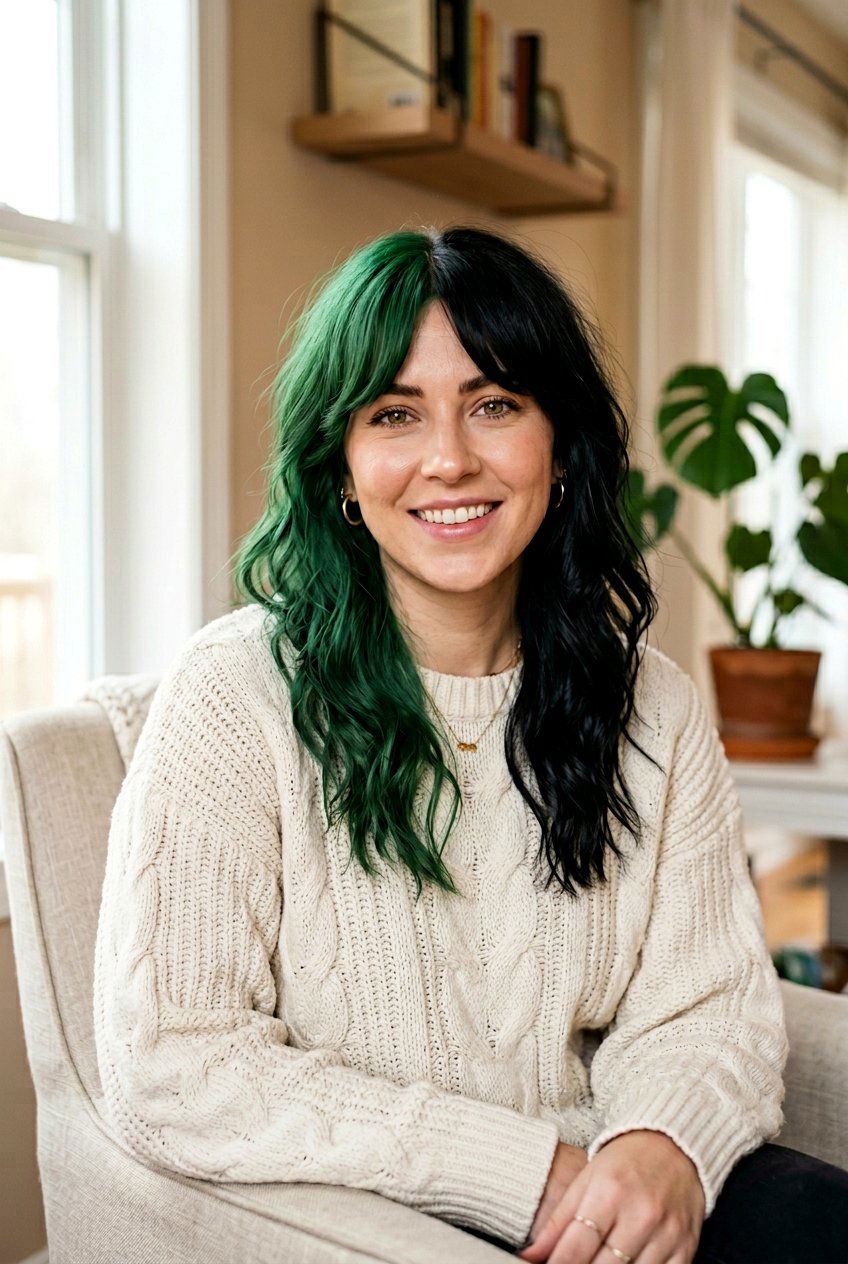Green and Black Split Dye Curtain Bangs - 20 green and black split dye hair - 20 green and black split dye hair
