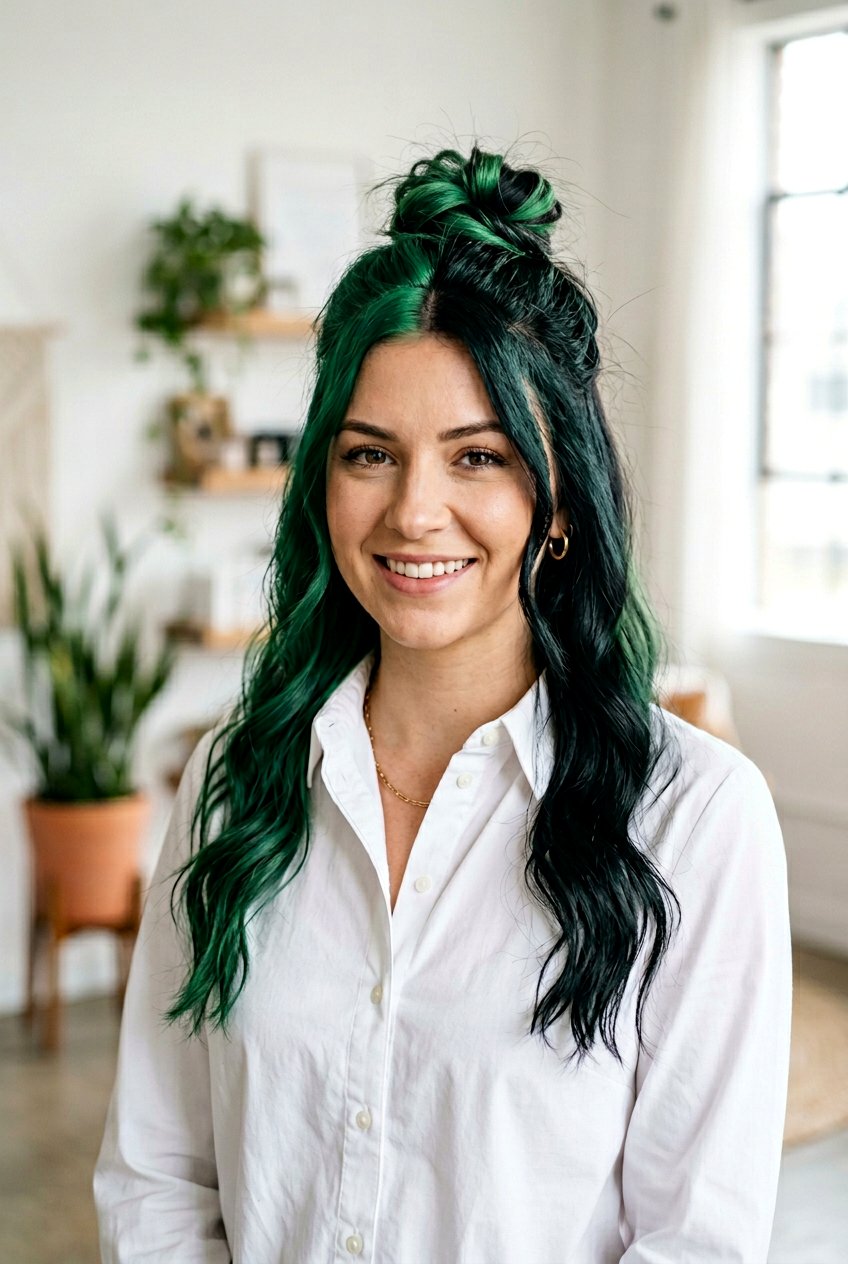 Green and Black Split Dye Half Up Half Down - 20 green and black split dye hair - 20 green and black split dye hair
