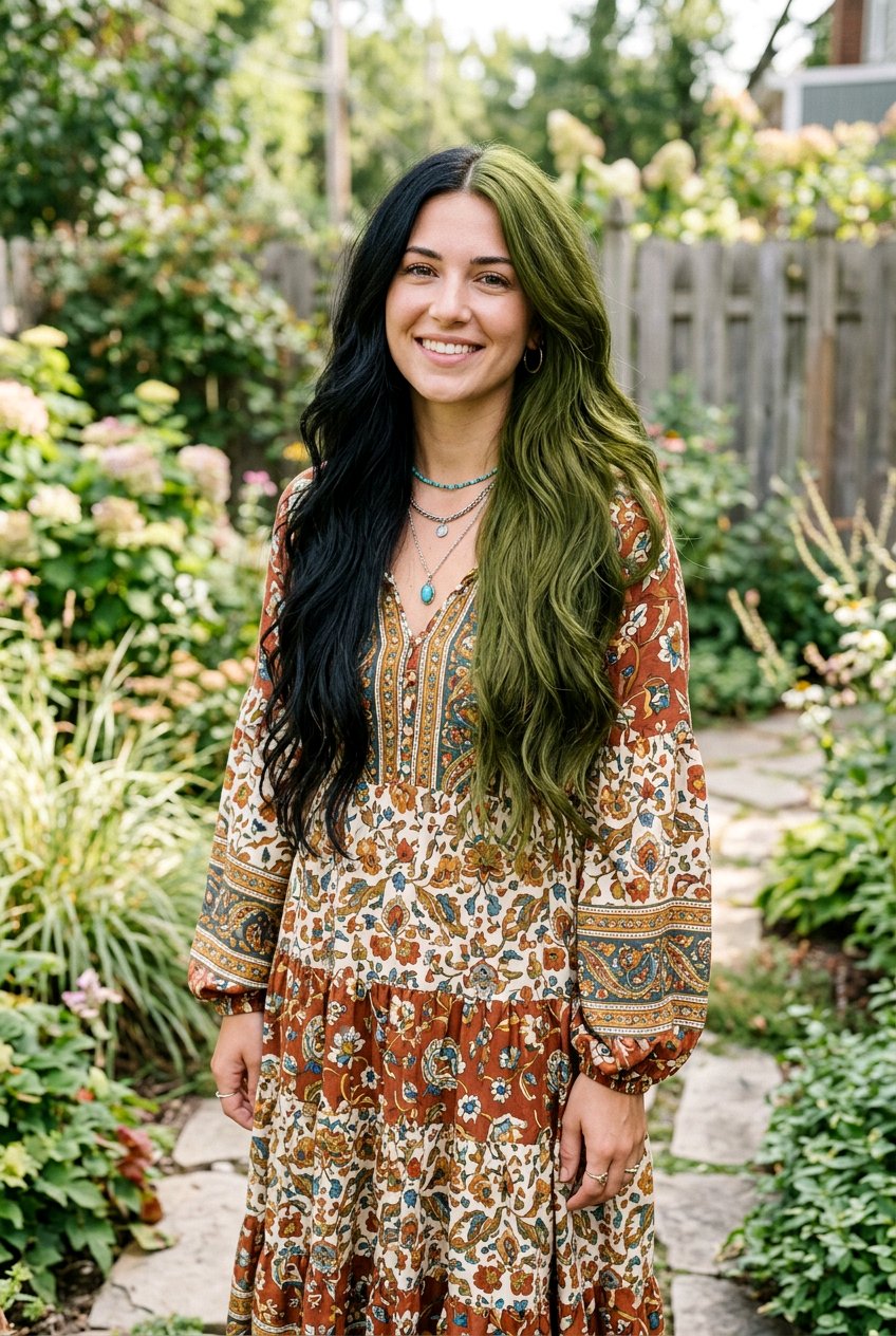 Green and Black Split Dye Layered Long Hair - 20 green and black split dye hair - 20 green and black split dye hair