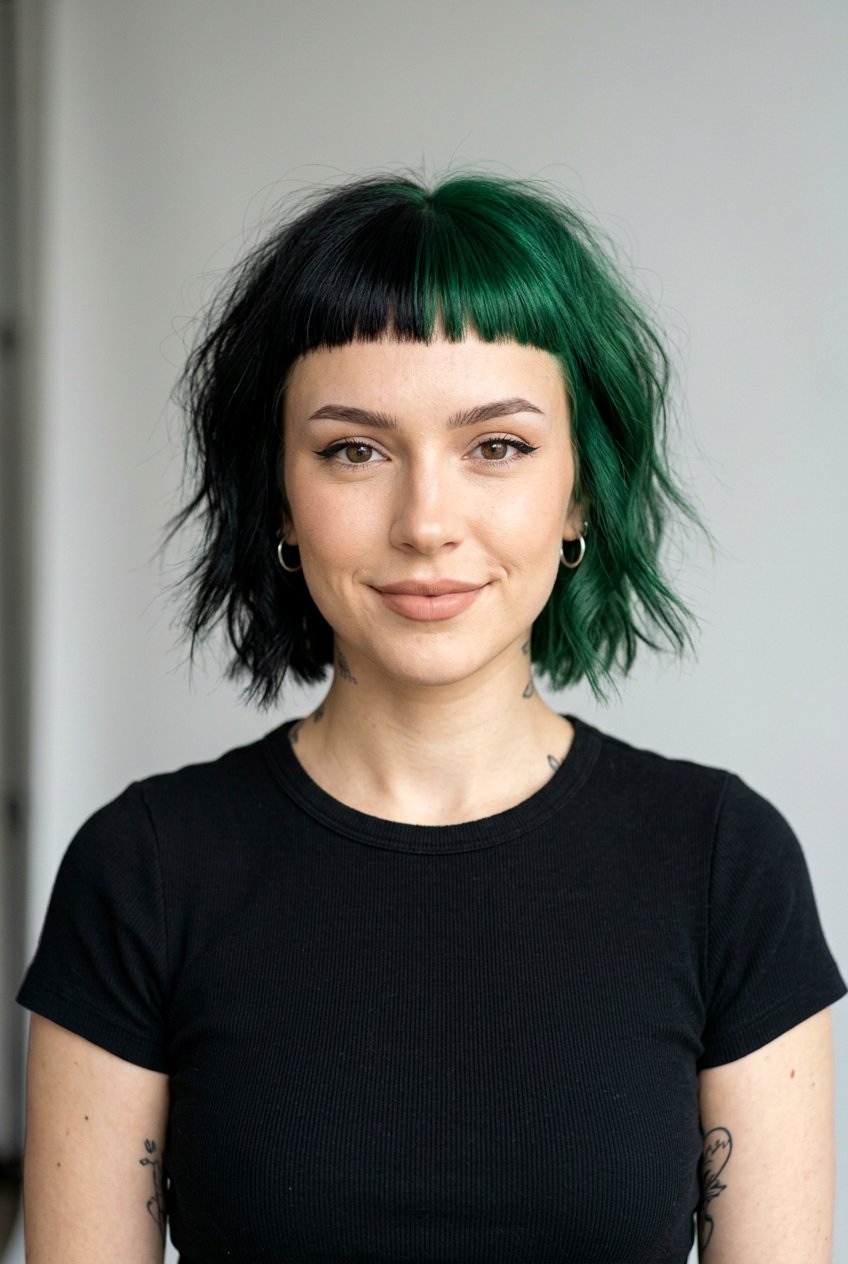 Green and Black Split Dye Micro Bangs - 20 green and black split dye hair - 20 green and black split dye hair