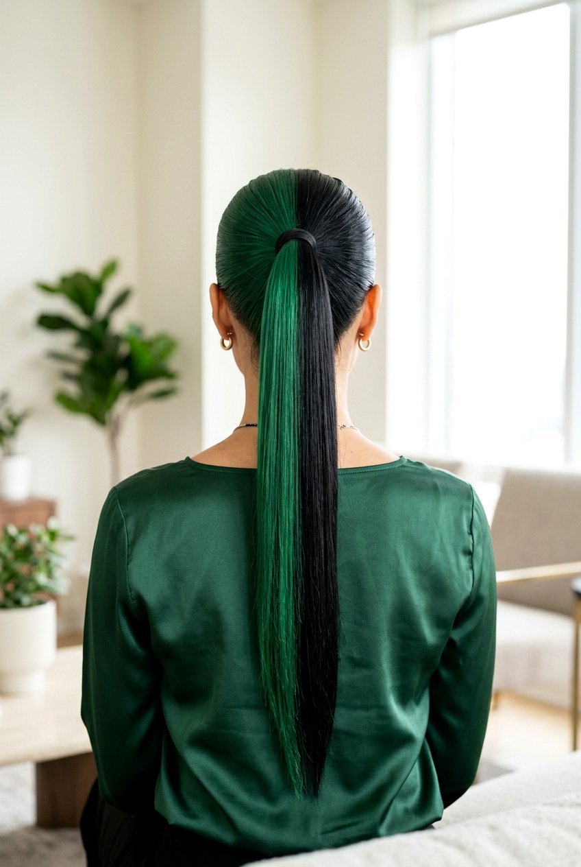 Green and Black Split Dye Sleek High Ponytail - 20 green and black split dye hair - 20 green and black split dye hair