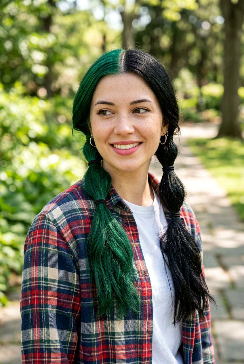 Green and Black Split Dye Twin Low Pigtails - 20 green and black split dye hair - 20 green and black split dye hair