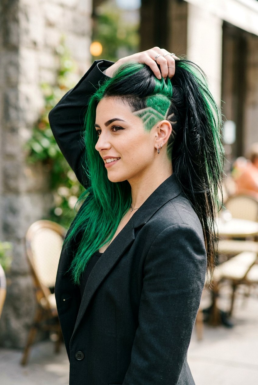 Green and Black Split Dye Undercut Design - 20 green and black split dye hair - 20 green and black split dye hair