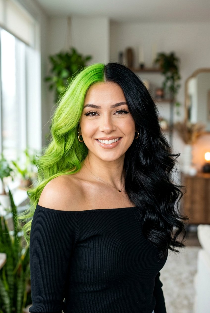 Green and Black Split Dye Voluminous Blowout - 20 green and black split dye hair - 20 green and black split dye hair