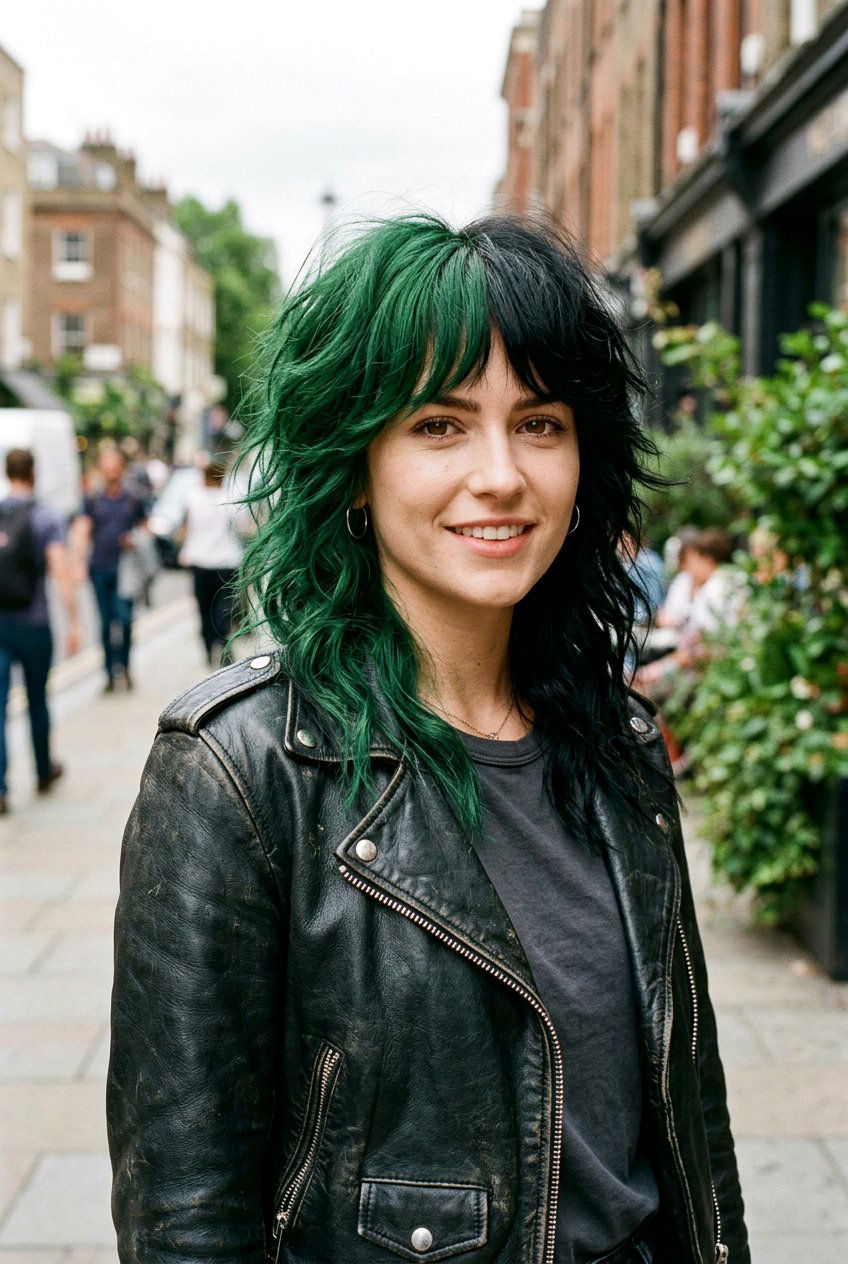 Green and Black Split Dye Wolf Cut - 20 green and black split dye hair - 20 green and black split dye hair
