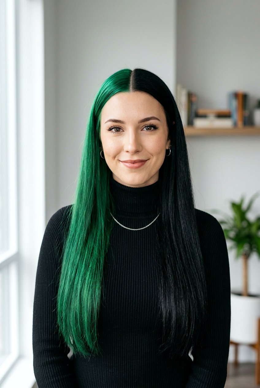 Green and Black Split Dye on Straight Long Hair - 20 green and black split dye hair - 20 green and black split dye hair