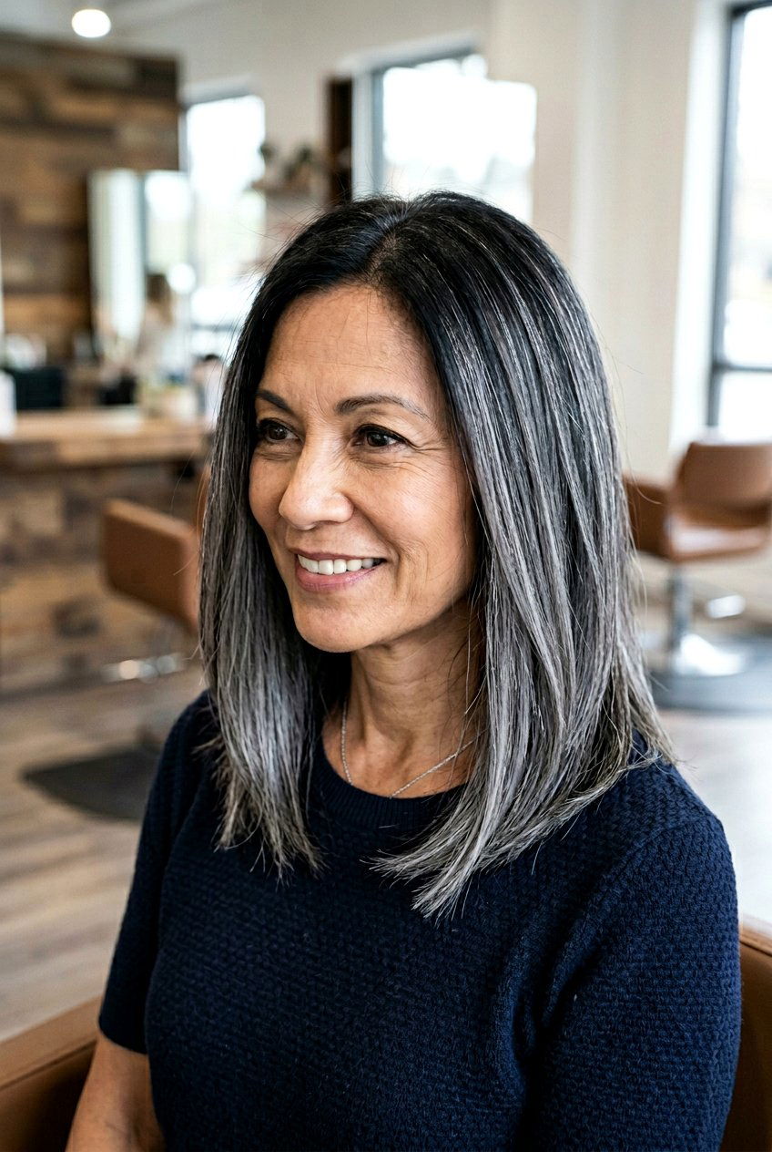 Grey Balayage with Silver Highlights on Black Hair - 20 silver balayage for mature women - 20 silver balayage for mature women