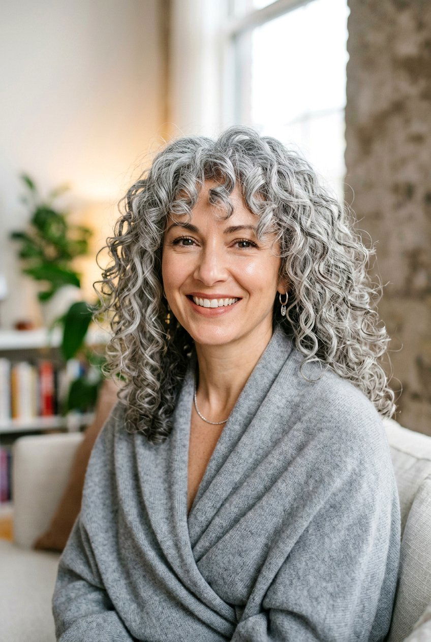 Grey Curly Curtain Bangs - 20 curly curtain bangs hairstyle - 20 curly curtain bangs hairstyle