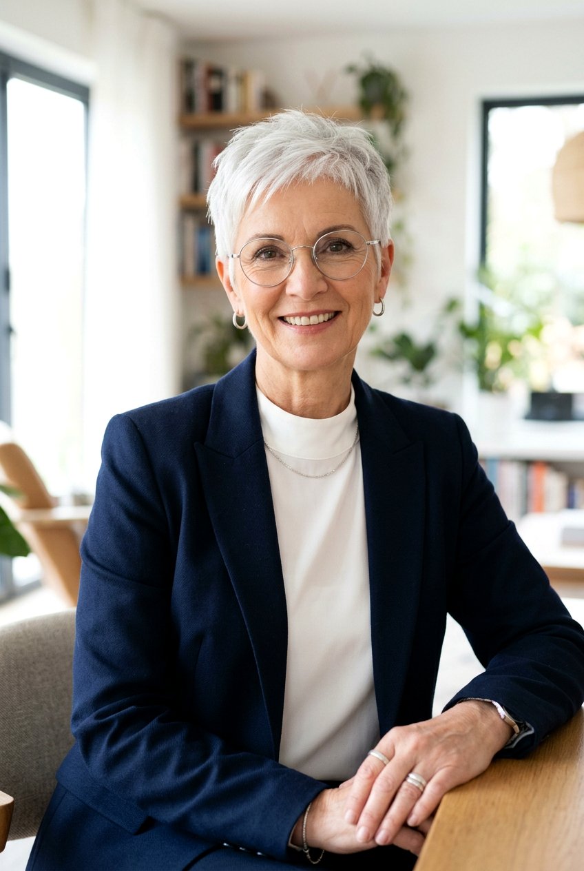 Grey Pixie With Tapered Neck - 20 elegant pixie for mature women with glasses - 20 elegant pixie for mature women with glasses