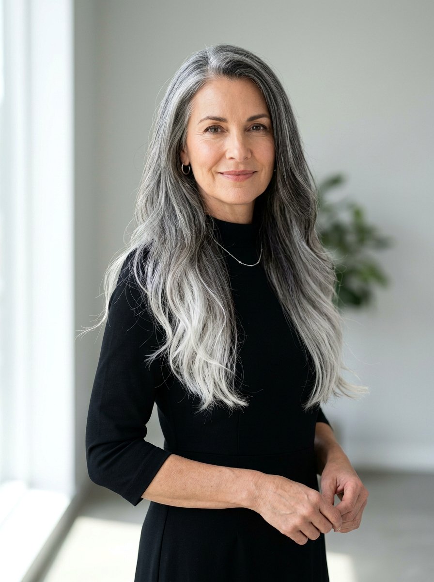 Grey ombre on long salt and pepper hair - 20 salt and pepper highlight ideas - 20 salt and pepper highlight ideas