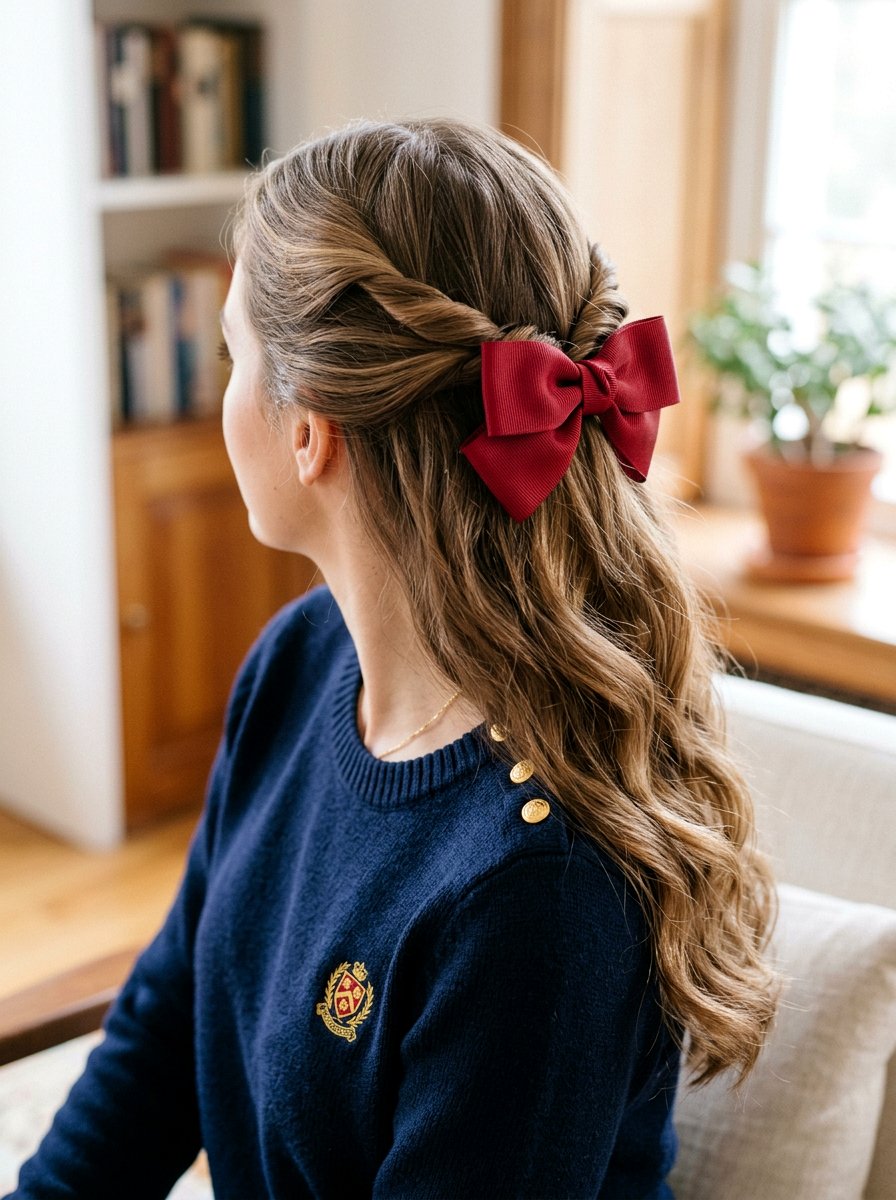 Grosgrain Bow Half Up Twist - 20 ribbon bow half up hairstyle - 20 ribbon bow half up hairstyle