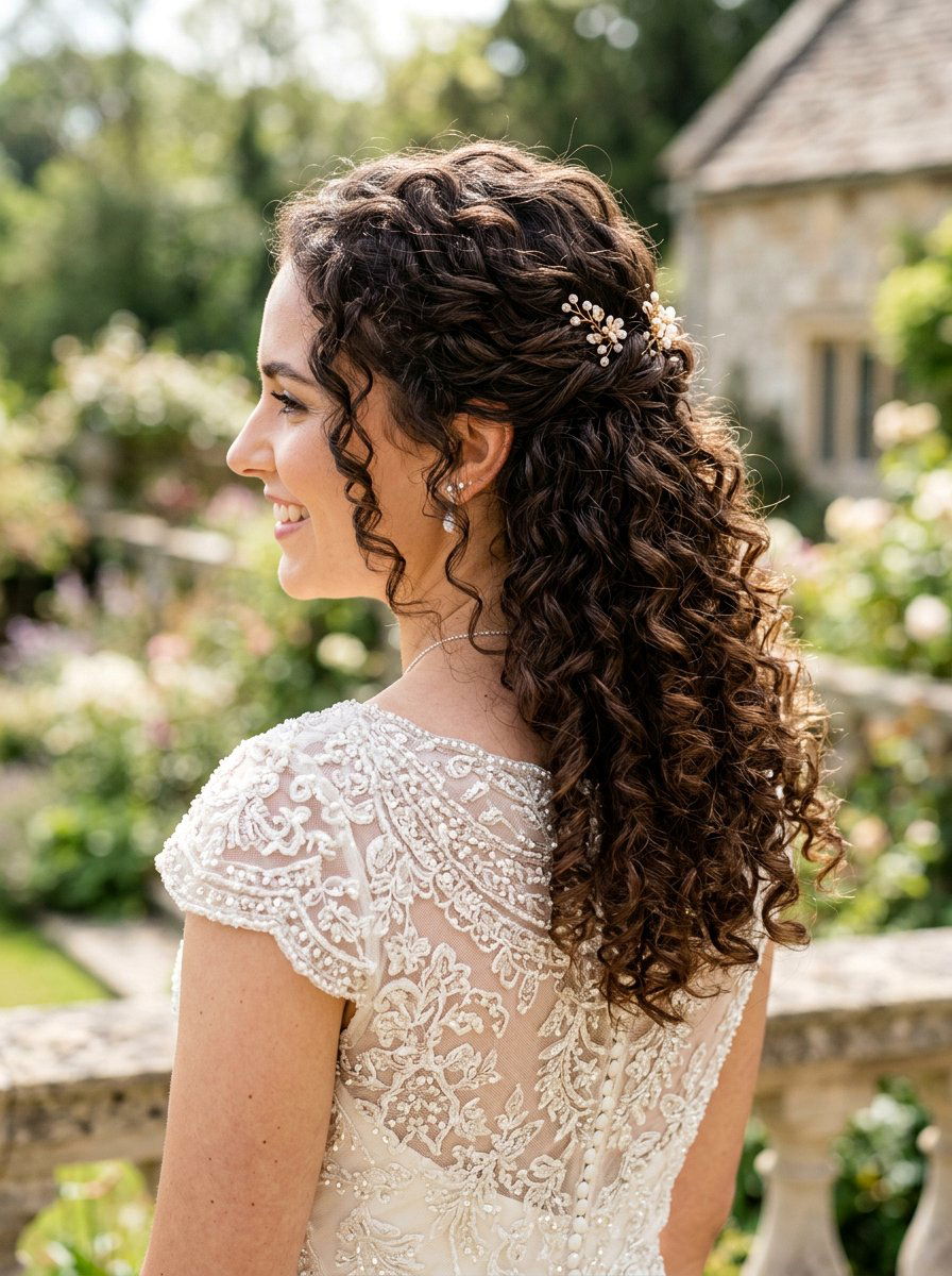 Half Back Curls - 20 wedding hairstyles for curly brides - 20 wedding hairstyles for curly brides