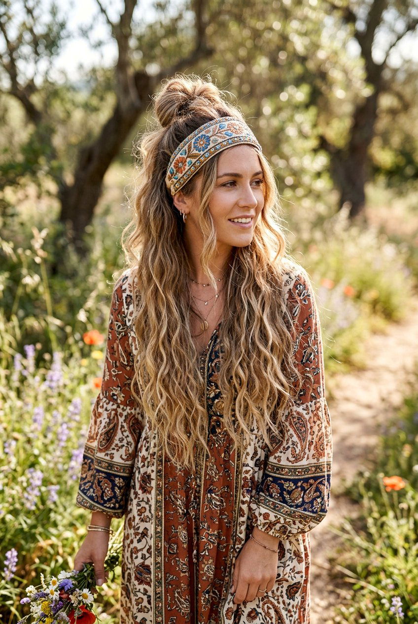 Half Bun With Boho Headband - 20 headband bun hairstyle - 20 headband bun hairstyle