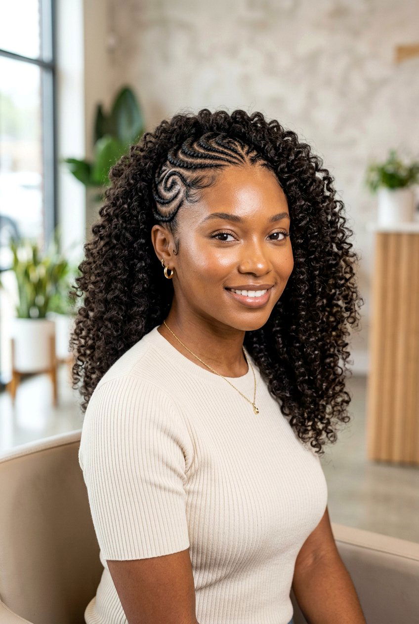 Half Cornrow Half Curls With Freehand Pattern - 20 half cornrow half curls styles - 20 half cornrow half curls styles