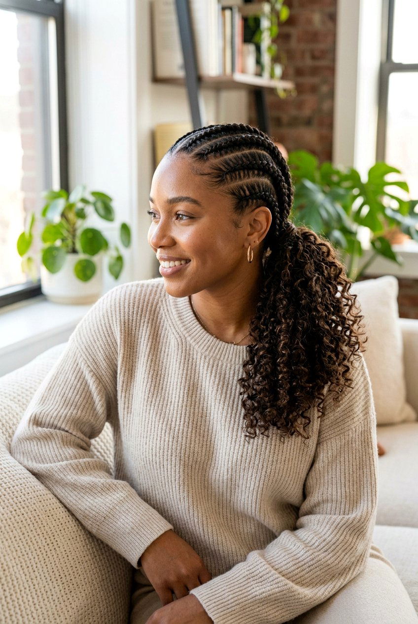 Half Cornrow Half Curls With Low Ponytail - 20 half cornrow half curls styles - 20 half cornrow half curls styles