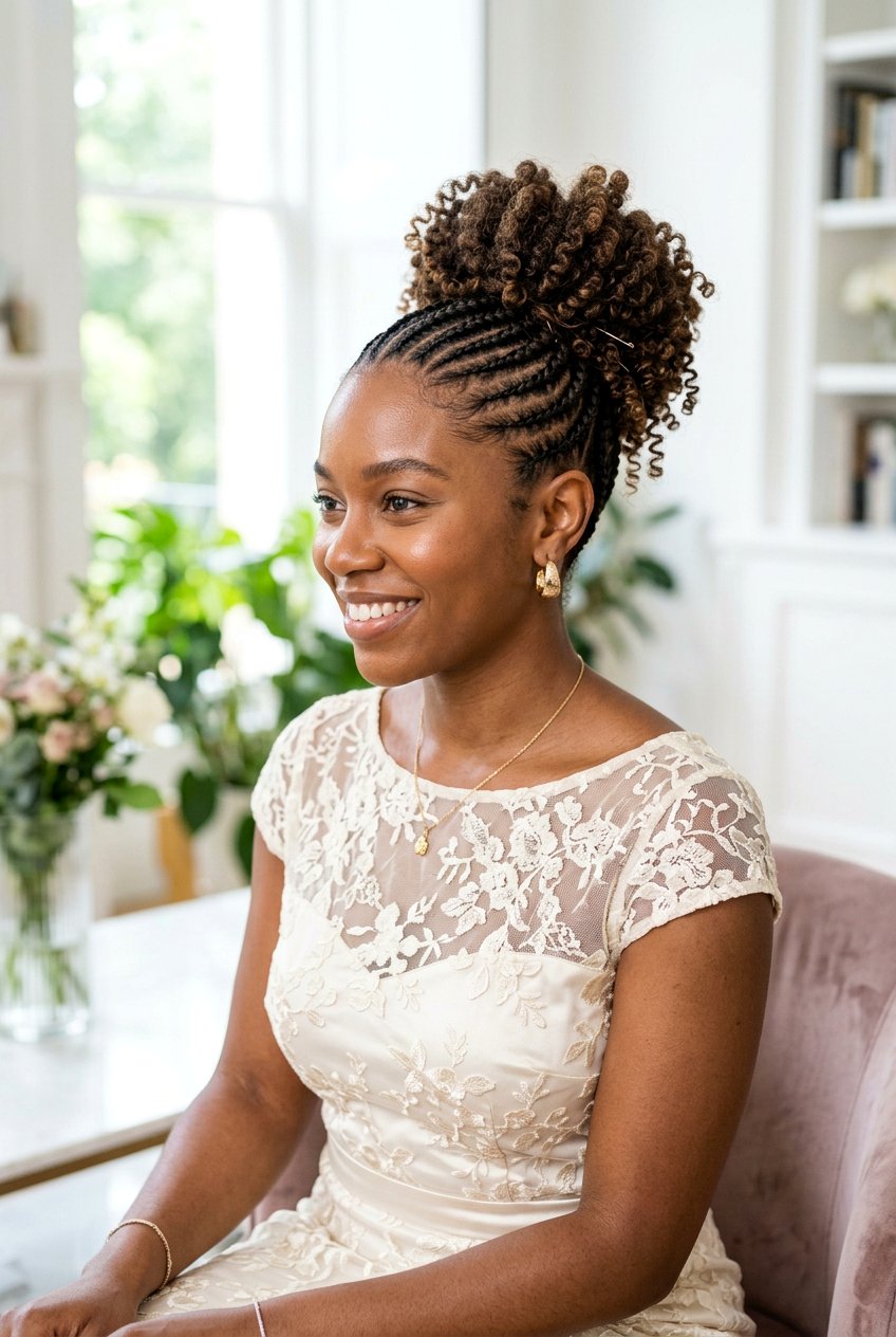 Half Cornrow With Curly Bun - 20 half cornrow half curls styles - 20 half cornrow half curls styles