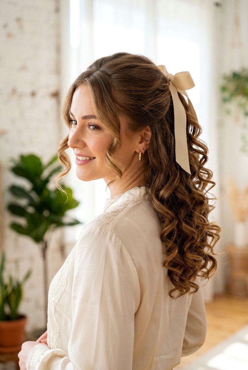 Half Down Curls With Blonde Ribbon Medium Layered Hair - 20 blonde ribbons for medium layered hair - 20 blonde ribbons for medium layered hair