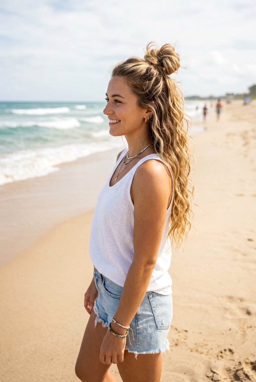 Half Up Beach Bun - 20 beach bun hairstyle - 20 beach bun hairstyle