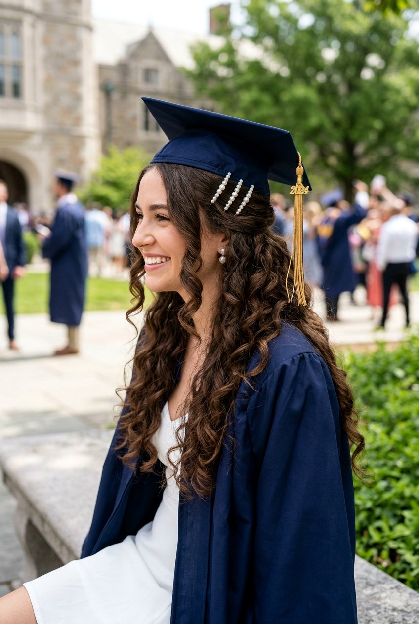 Half Up Bobby Pin Design With Graduation Cap - 20 graduation half up hairstyle with cap - 20 graduation half up hairstyle with cap